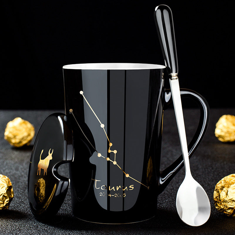 12 Zodiac Signs Black Ceramic Mug with Lid Spoon