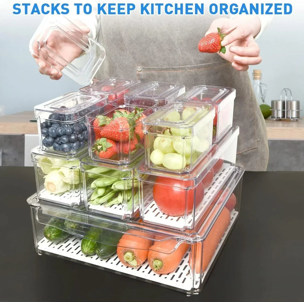 Stackable Fridge Organiser Set – 10 Clear Storage Boxes for Freshness & Kitchen Order