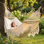 Zevolim | 200x150cm Double Outdoor Camping Fringe Canvas Hammock with Pole (White)