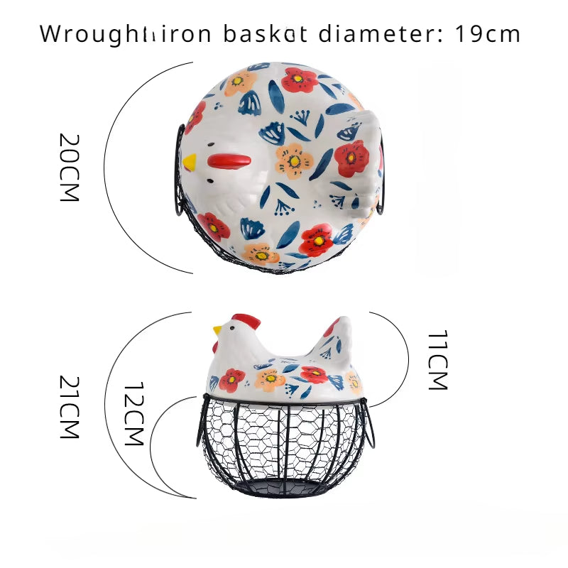 Ceramic Egg Holder Chicken with Wire Basket