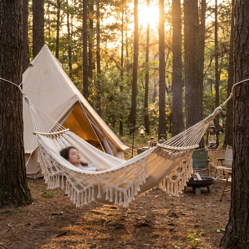 Zevolim | 200x150cm Double Outdoor Camping Fringe Canvas Hammock with Pole (White)