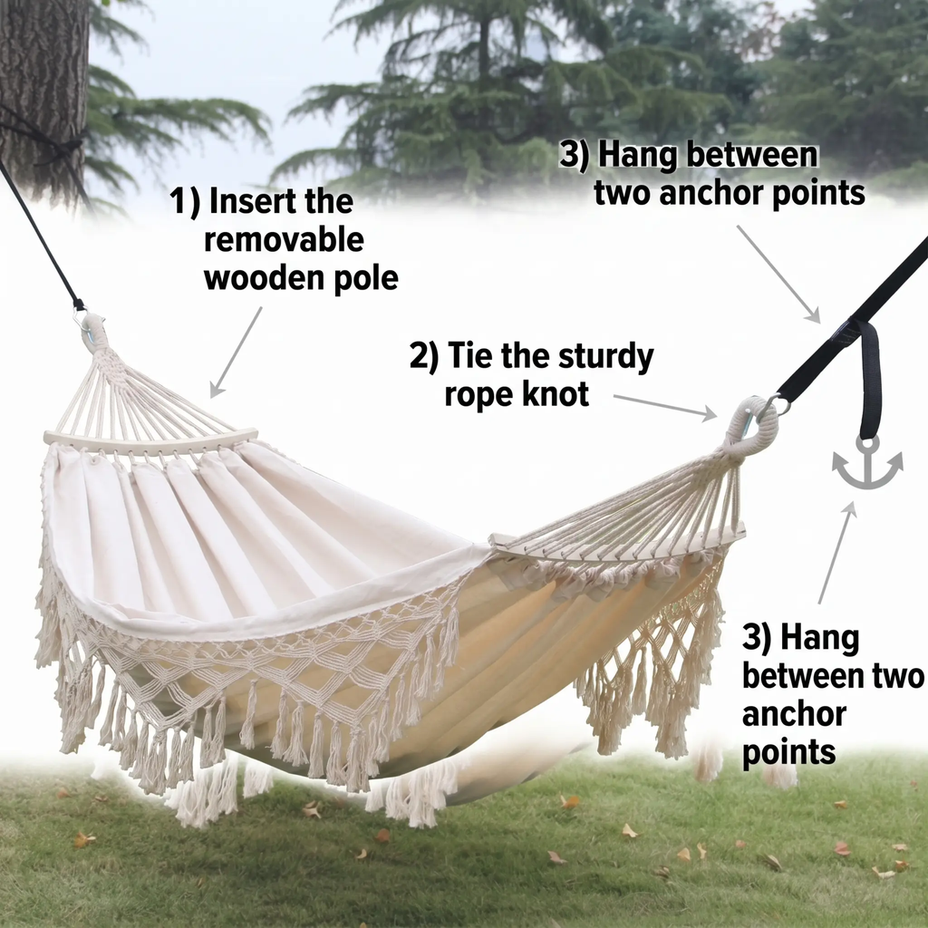 Zevolim | 200x150cm Double Outdoor Camping Fringe Canvas Hammock with Pole (White)