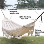 Zevolim | 200x150cm Double Outdoor Camping Fringe Canvas Hammock with Pole (White)