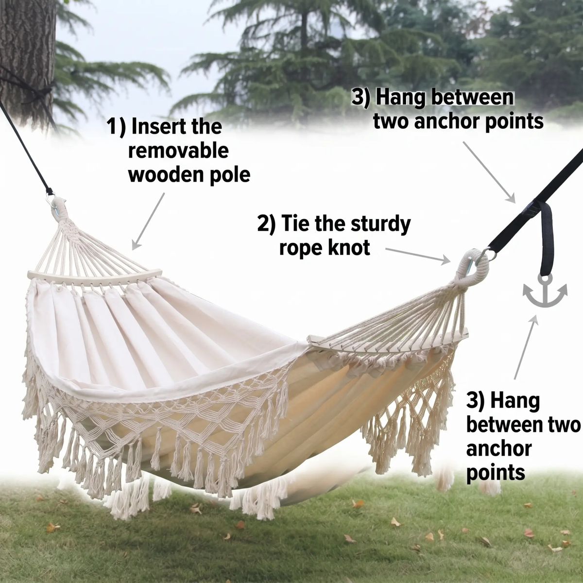 Zevolim | 200x150cm Double Outdoor Camping Fringe Canvas Hammock with Pole (White)