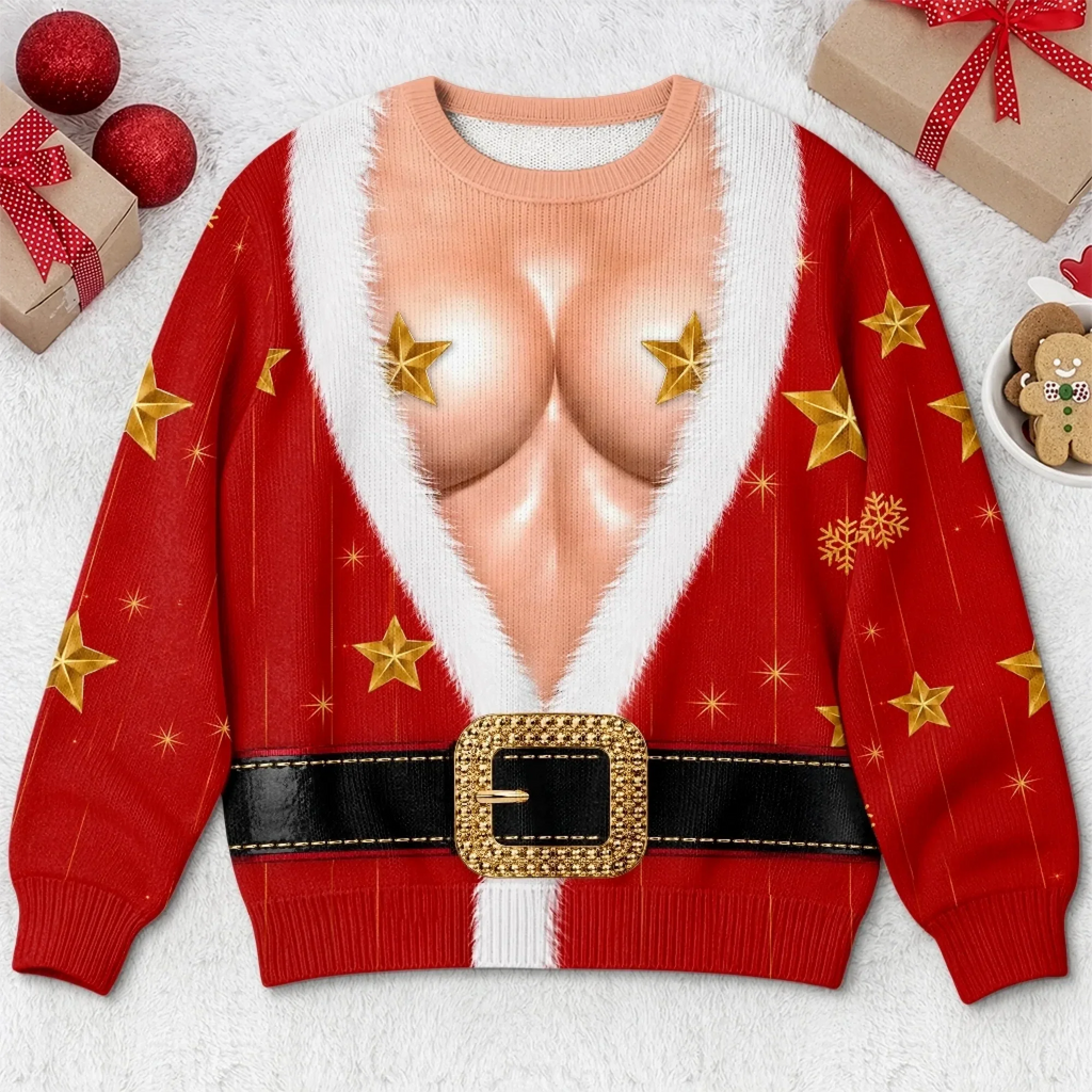 Hilarious Couple Santa Suit Optical Illusion Christmas Ugly Sweater To Steal The Spotlight At Holiday Parties.