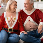 Hilarious Couple Santa Suit Optical Illusion Christmas Ugly Sweater To Steal The Spotlight At Holiday Parties.