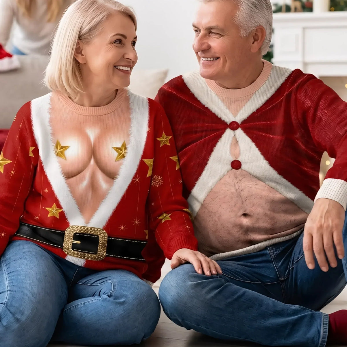 Hilarious Couple Santa Suit Optical Illusion Christmas Ugly Sweater To Steal The Spotlight At Holiday Parties.