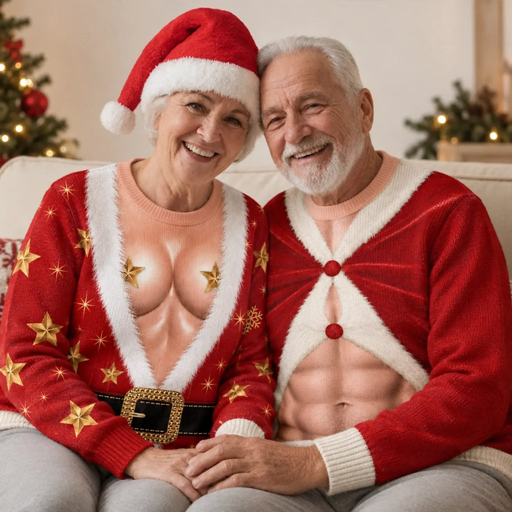 Hilarious Couple Santa Suit Optical Illusion Christmas Ugly Sweater To Steal The Spotlight At Holiday Parties.