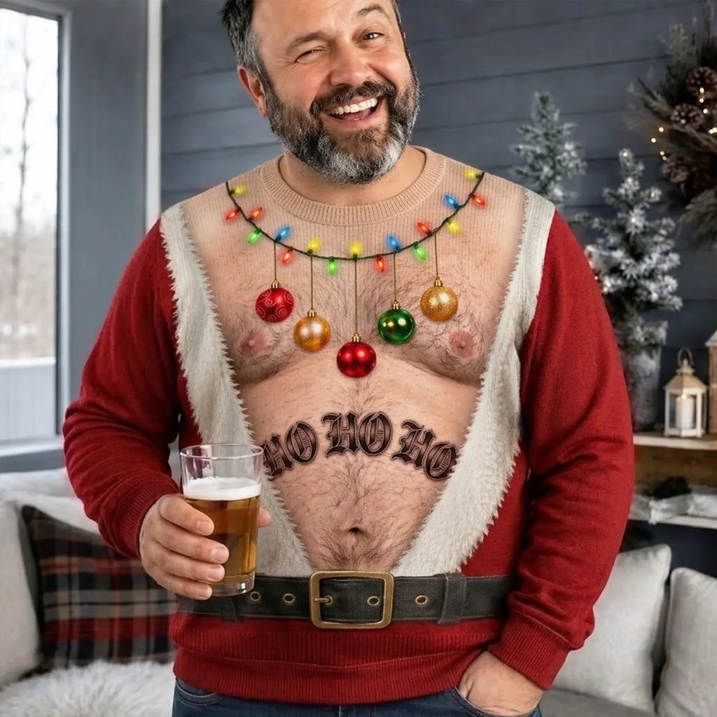 Hilarious Couple Hairy Body Santa Optical Illusion Ugly Christmas Sweater, Matching His & Hers Novelty Sweatshirt For Holiday Party & Couple Gift