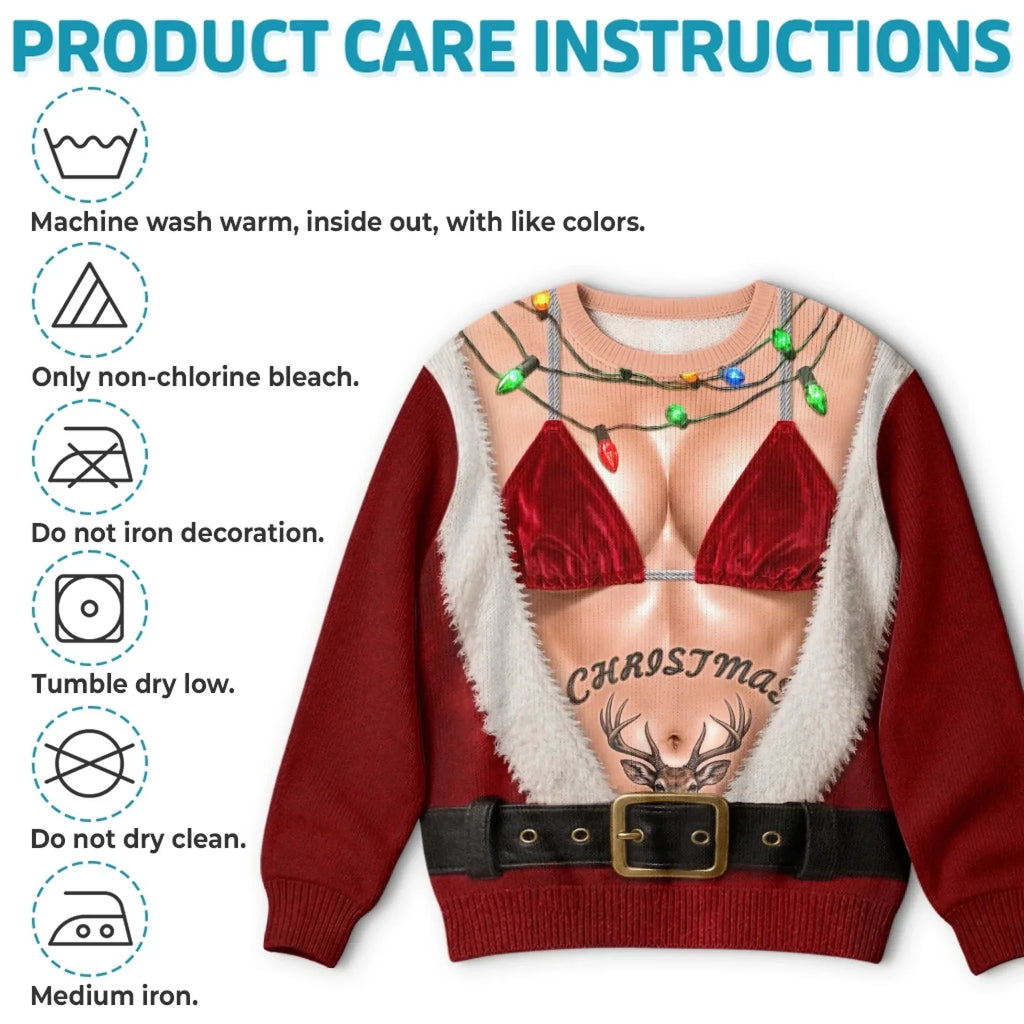 Hilarious Couple Hairy Body Santa Optical Illusion Ugly Christmas Sweater, Matching His & Hers Novelty Sweatshirt For Holiday Party & Couple Gift