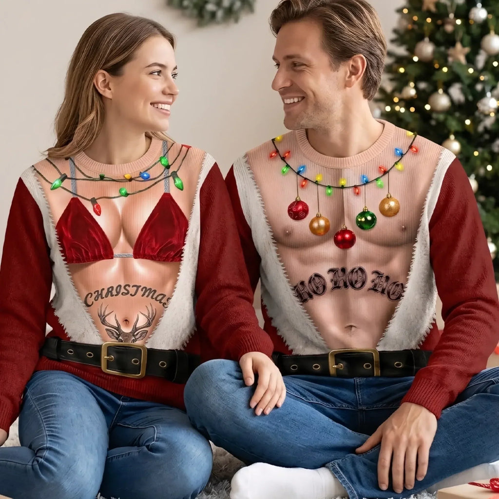 Hilarious Couple Hairy Body Santa Optical Illusion Ugly Christmas Sweater, Matching His & Hers Novelty Sweatshirt For Holiday Party & Couple Gift