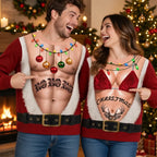 Hilarious Couple Hairy Body Santa Optical Illusion Ugly Christmas Sweater, Matching His & Hers Novelty Sweatshirt For Holiday Party & Couple Gift