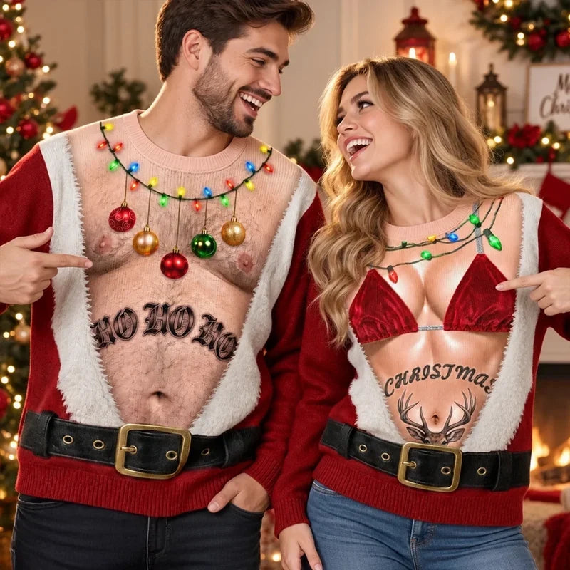 Hilarious Couple Hairy Body Santa Optical Illusion Ugly Christmas Sweater, Matching His & Hers Novelty Sweatshirt For Holiday Party & Couple Gift