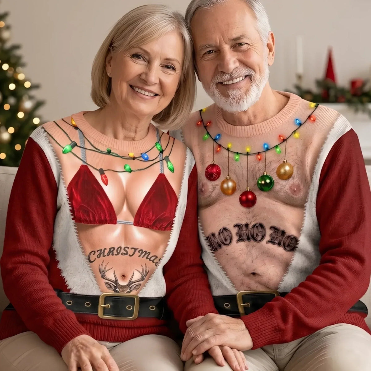 Hilarious Couple Hairy Body Santa Optical Illusion Ugly Christmas Sweater, Matching His & Hers Novelty Sweatshirt For Holiday Party & Couple Gift