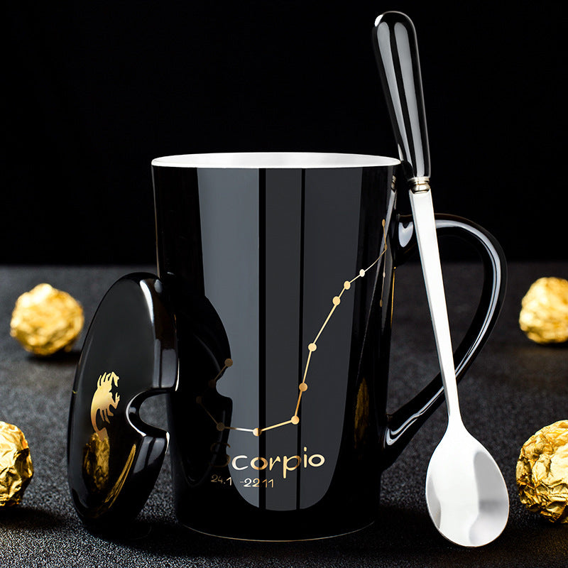 12 Zodiac Signs Black Ceramic Mug with Lid Spoon