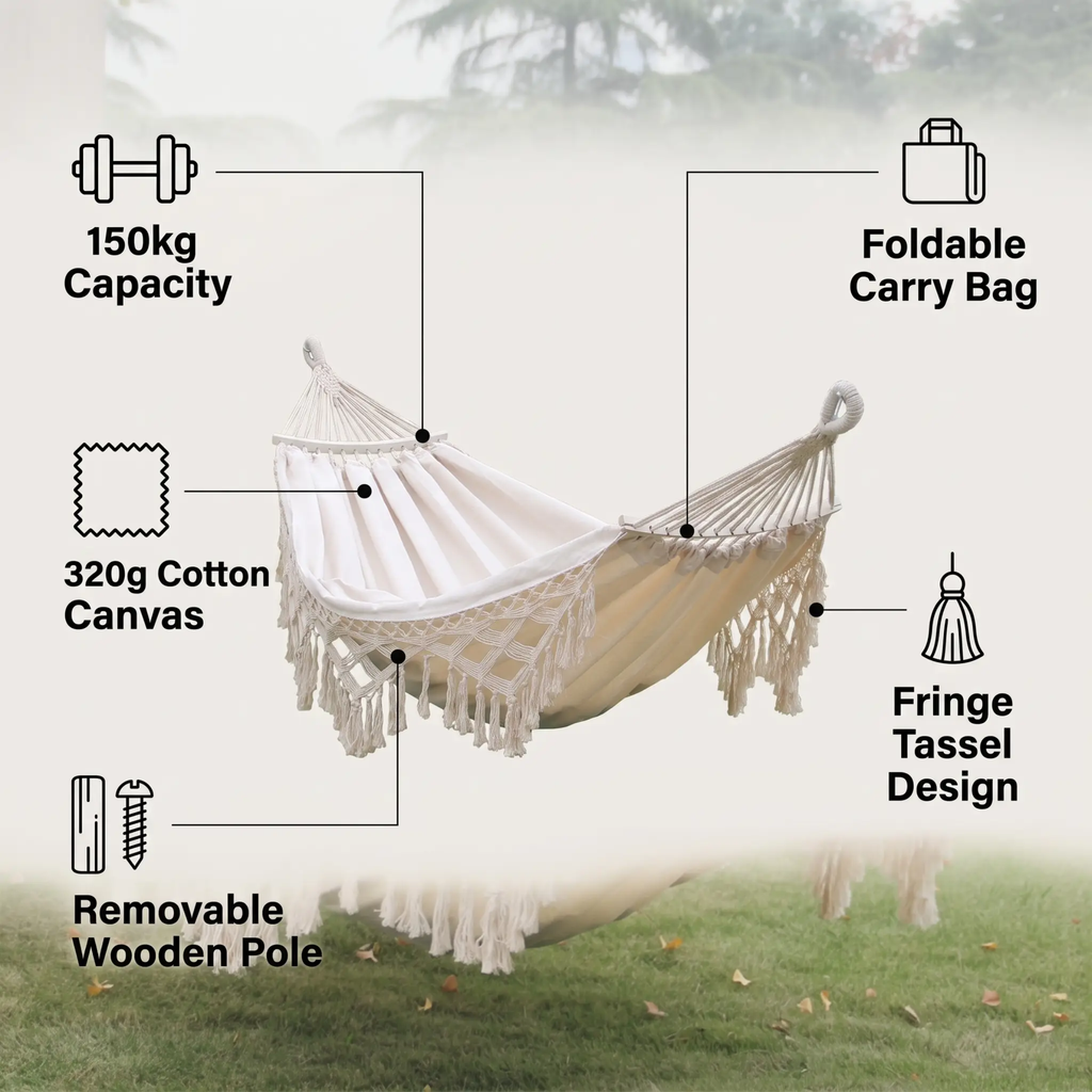 Zevolim | 200x150cm Double Outdoor Camping Fringe Canvas Hammock with Pole (White)