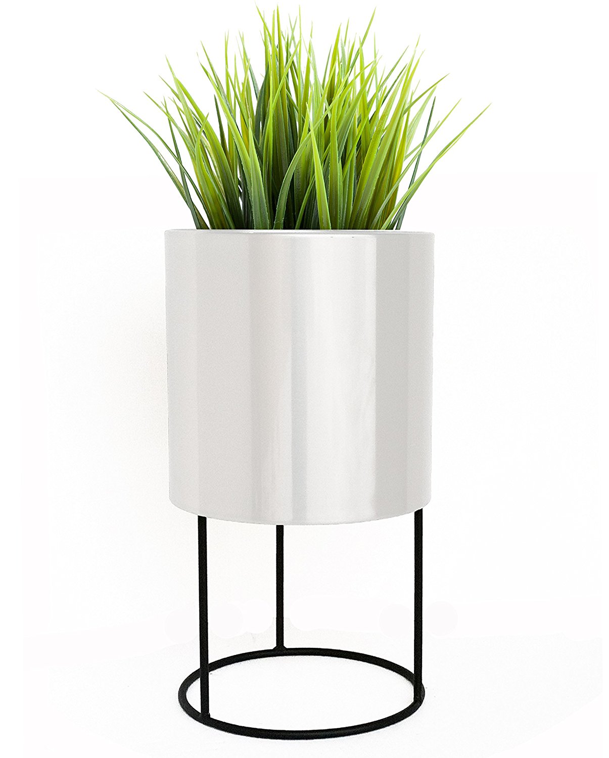 White Knox Cylinder Raised Planter - Modern Minimalist, Architectural w/ Waterproof Steel Pot w/ Iron Stand, Indoor / Outdoor (21.5" / 33" Tall)