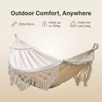 Zevolim | 200x150cm Double Outdoor Camping Fringe Canvas Hammock with Pole (White)