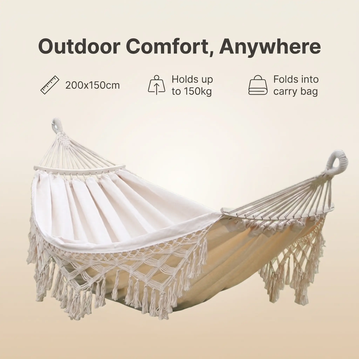 Zevolim | 200x150cm Double Outdoor Camping Fringe Canvas Hammock with Pole (White)
