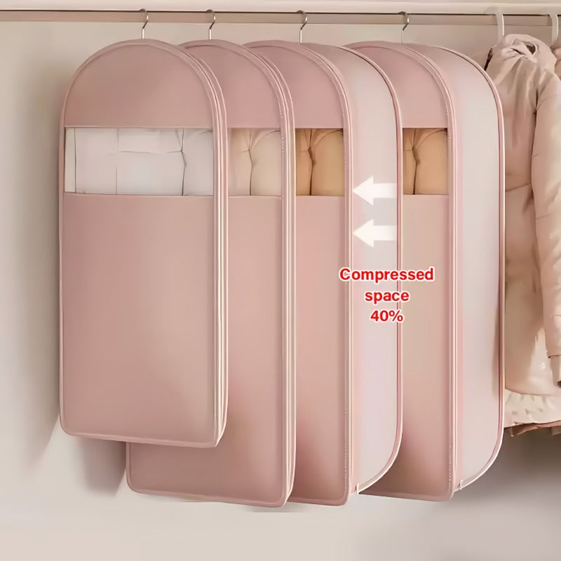 Space saving hanging garment bag with self-compressing zipper