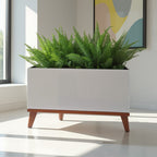 Madeira Indoor Aluminum Long Block Planter w/ Wood Base - Modern Architectural Seamless (Silver) MCM Style (30" L x 12" W x 16" Tall w/ Base