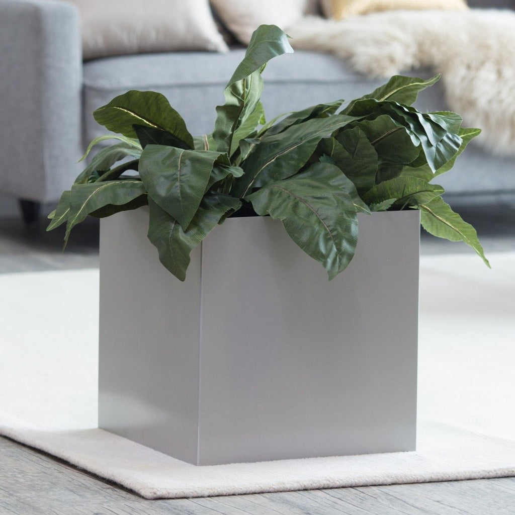 Madeira Cube Planter - Modern Architectural Seamless Aluminum Metal (Silver) Fiberglass Lining, No Drainage - Indoor / Outdoor (16" / 20" Square)