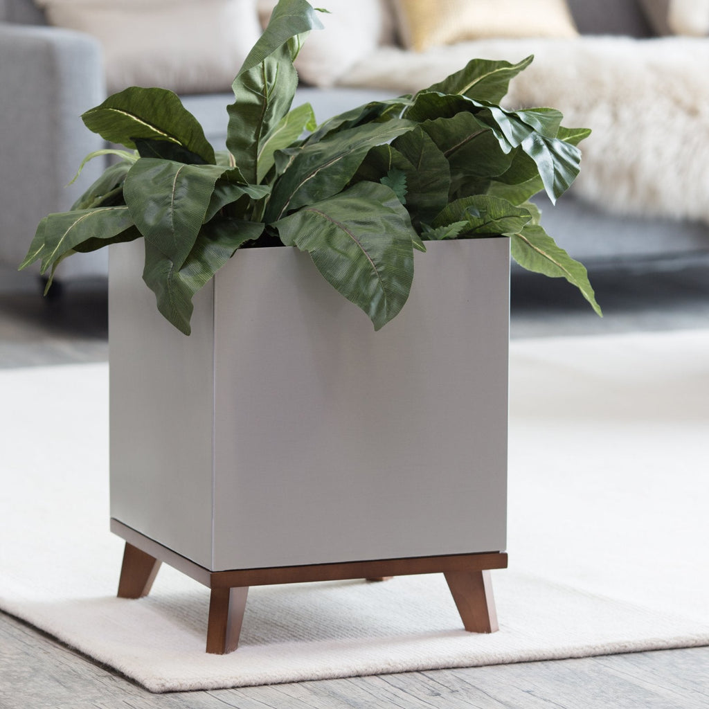 Madeira Cube Indoor Planter w/ Wood Base - Modern Seamless Aluminum Metal (Silver), Surface-Safe w/ Fiberglass Lining (16" Pot, 20" Tall w/ Stand)