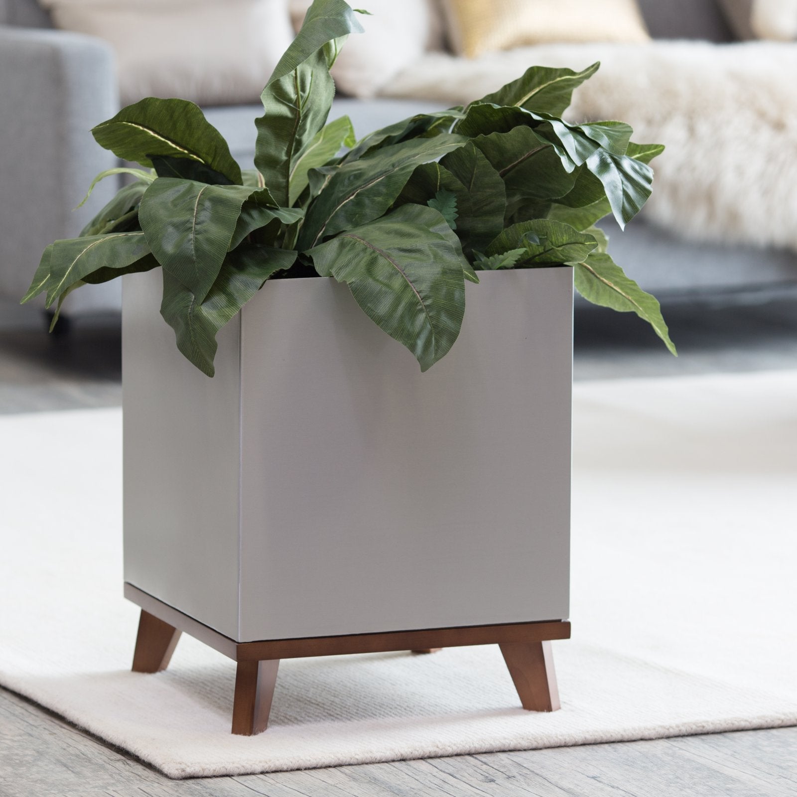 Madeira Cube Indoor Planter w/ Wood Base - Modern Seamless Aluminum Metal (Silver), Surface-Safe w/ Fiberglass Lining (16" Pot, 20" Tall w/ Stand)