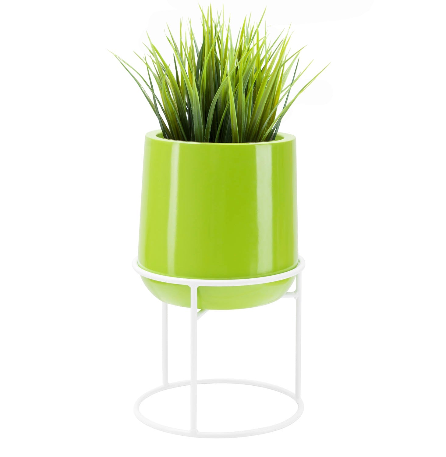 Ainslie Planter w/ Iron Stand - Modern High Gloss, U-Shape MCM Raised Fiberglass Plant Pot Indoor / Outdoor (18" - 23.5" Tall)