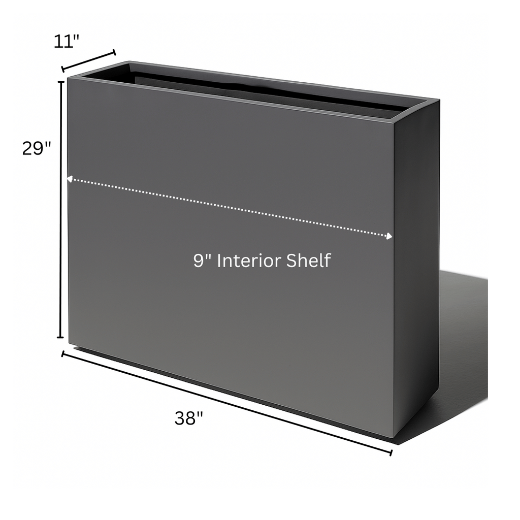 Aster Tall Span Planter - Heavy Duty Fiberglass w/ Steel - Plant Shelf - Indoor / Outdoor Divider  (38" L x 11" W x 29" H)