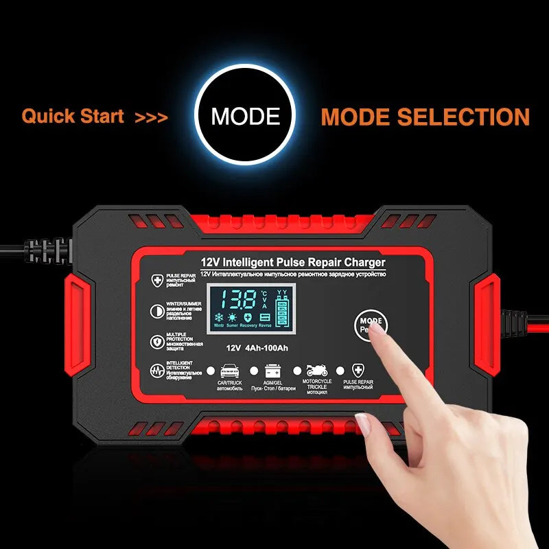 12V 6A Smart Car Battery Charger | Pulse Repair, LCD Display & Fast Charging for AGM, Gel & Lead-Acid Batteries