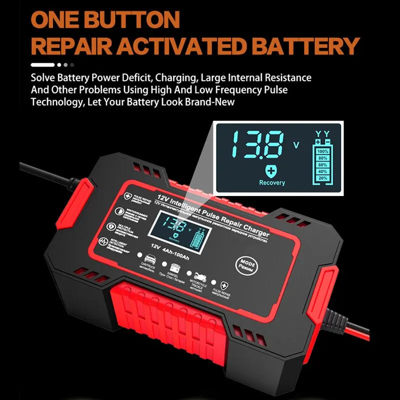12V 6A Smart Car Battery Charger | Pulse Repair, LCD Display & Fast Charging for AGM, Gel & Lead-Acid Batteries