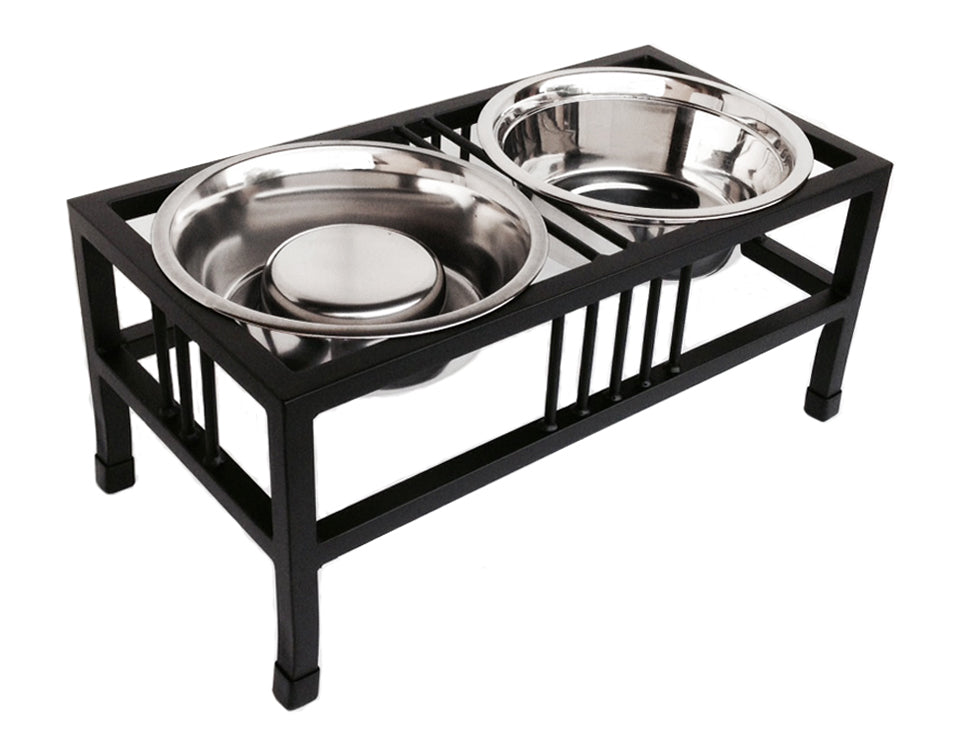 Baron XL Double Diner - Modern Mission Style, Wrought Iron Stand Elevated Dog Bowl Feeder Large Breed (15", 18" Tall)