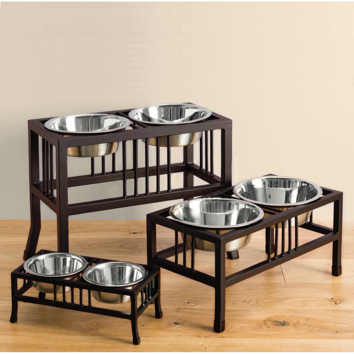Baron XL Double Diner - Modern Mission Style, Wrought Iron Stand Elevated Dog Bowl Feeder Large Breed (15", 18" Tall)