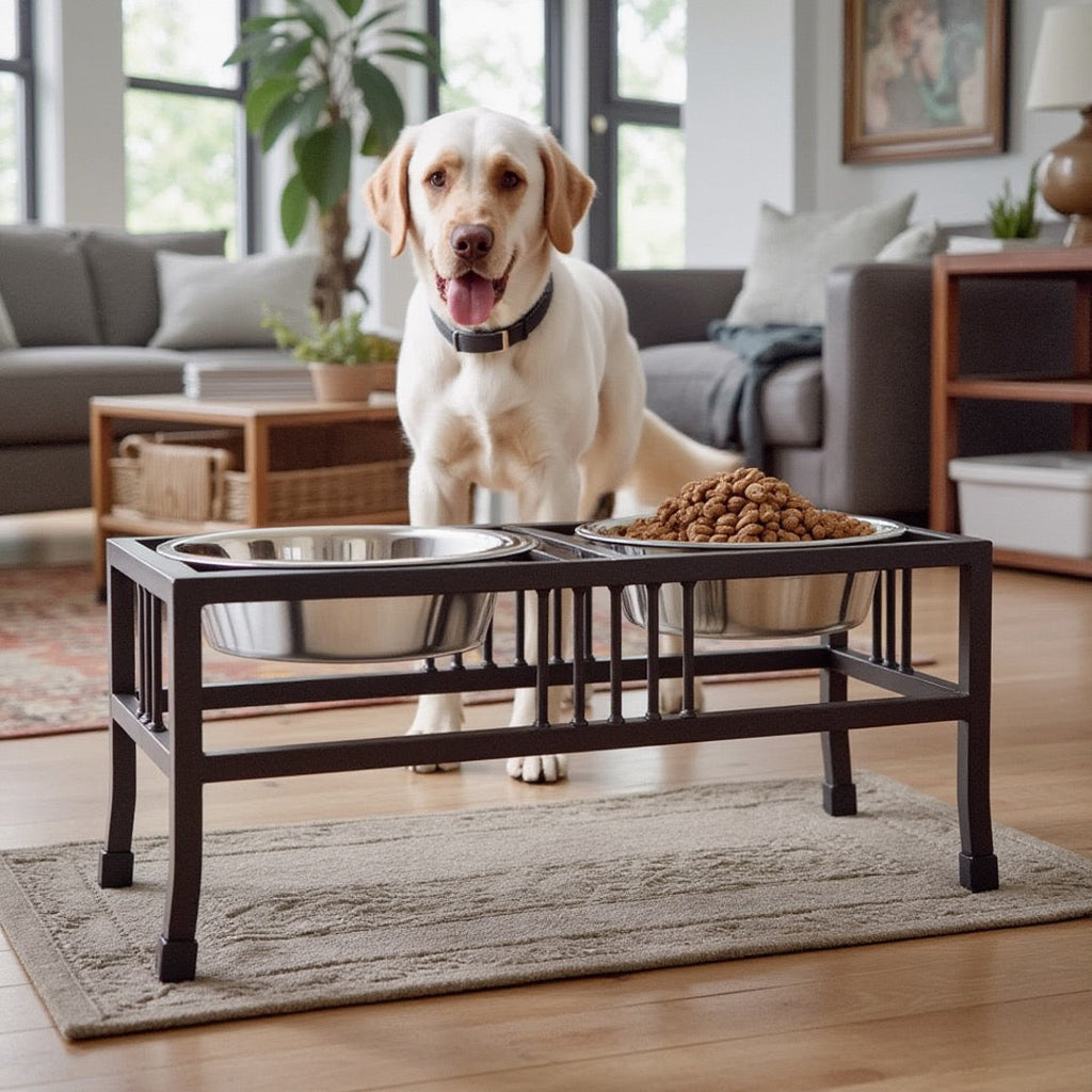 Baron XL Double Diner - Modern Mission Style, Wrought Iron Stand Elevated Dog Bowl Feeder Large Breed (15", 18" Tall)