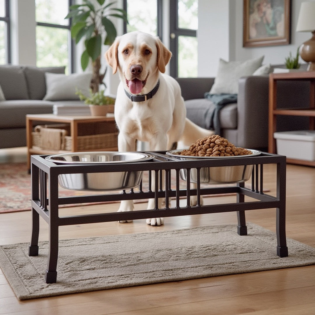 Baron XL Double Diner - Modern Mission Style, Wrought Iron Stand Elevated Dog Bowl Feeder Large Breed (15", 18" Tall)