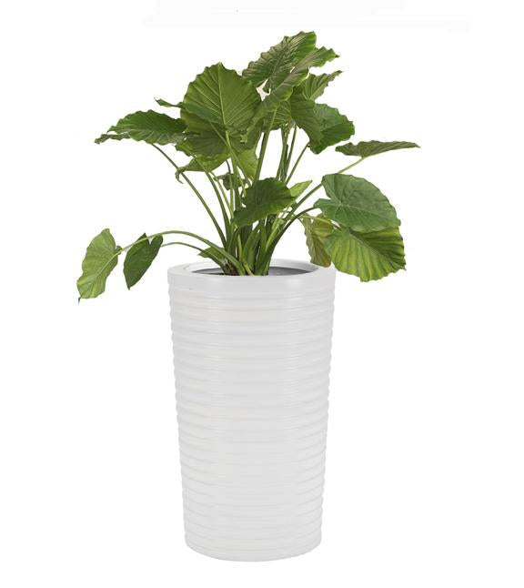 Carmen 26" Tall Planter - Modern Grooved Conical Pillar, White Heavy Duty Fiberglass Indoor / Outdoor