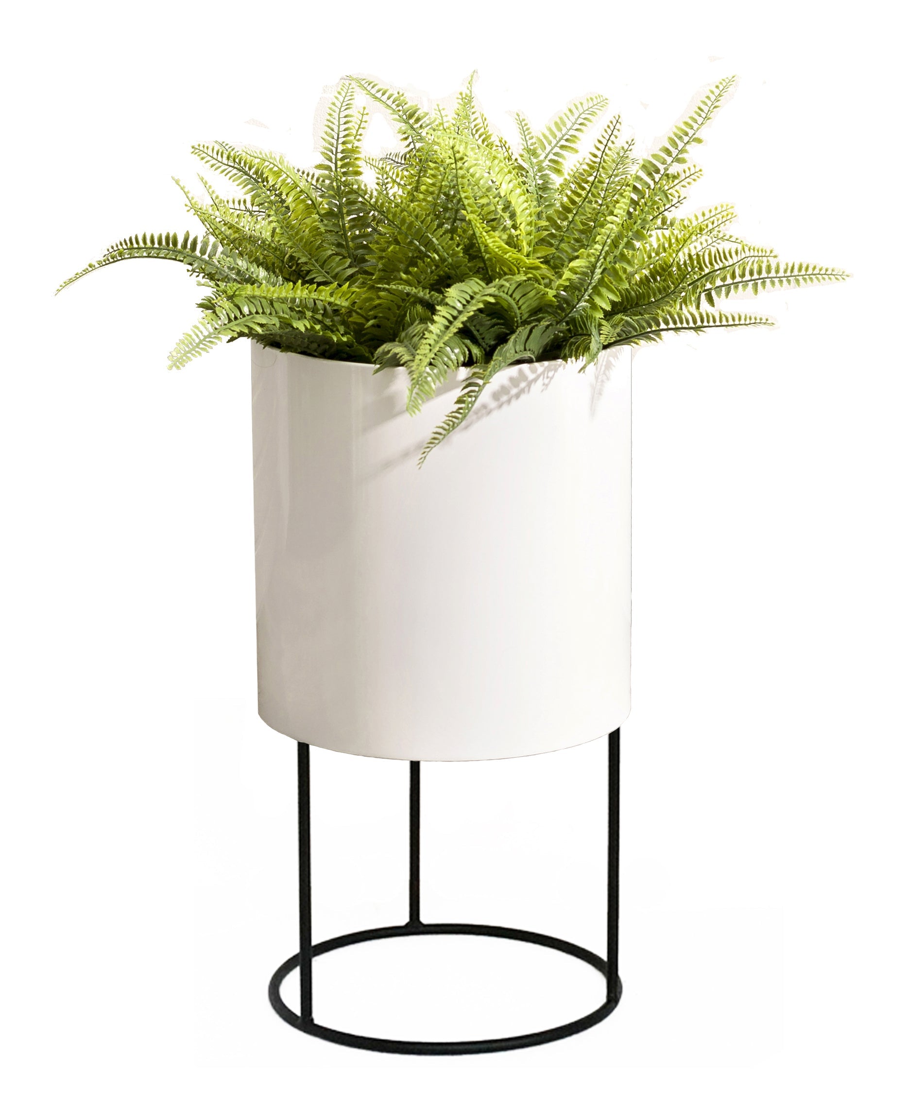 Knox Cylinder Metal Planter w/ Iron Stand - Modern Architectural Stainless Steel (18/8 Heavy Duty) Raised Pot, Surface-Safe, Indoor / Outdoor ( 21.5" / 33" Tall)