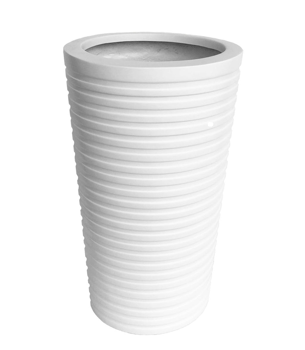 Carmen 26" Tall Planter - Modern Grooved Conical Pillar, White Heavy Duty Fiberglass Indoor / Outdoor