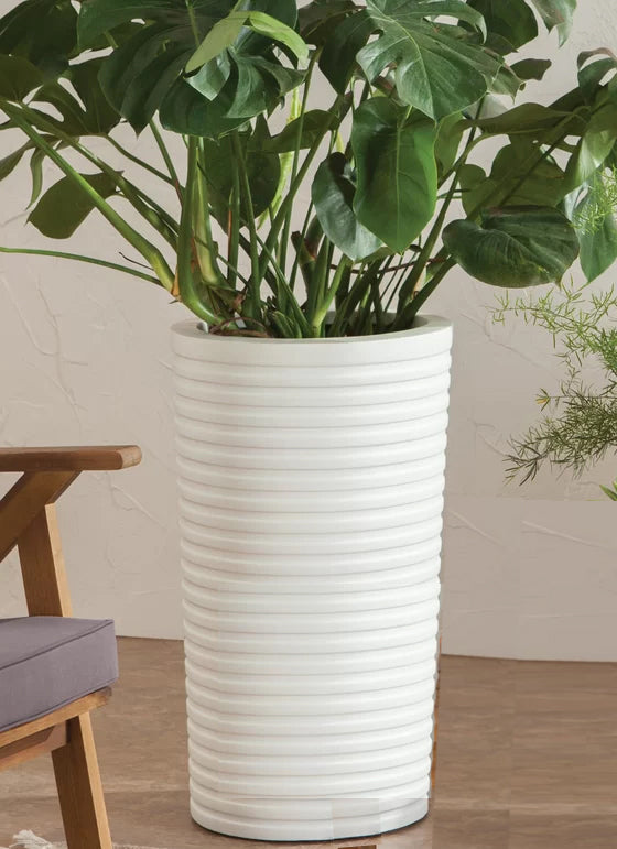 Carmen 26" Tall Planter - Modern Grooved Conical Pillar, White Heavy Duty Fiberglass Indoor / Outdoor