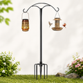 Adjustable double-hook shepherd hook ground stake with anchoring fork for hanging bird feeders and lanterns Bowlift