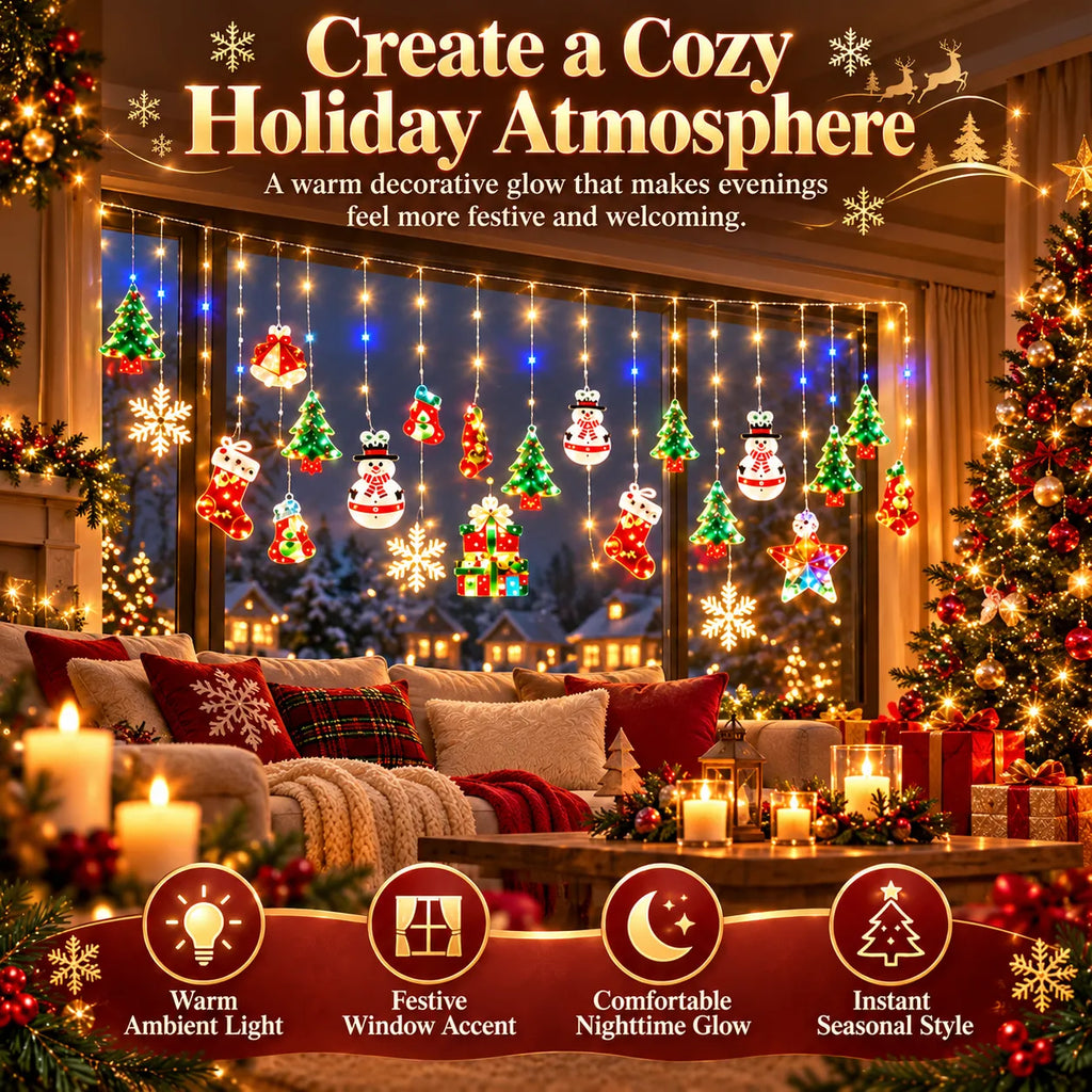 🎁Christmas Ornament Curtain Lights – Light-Up Holiday Window Decorations for Home