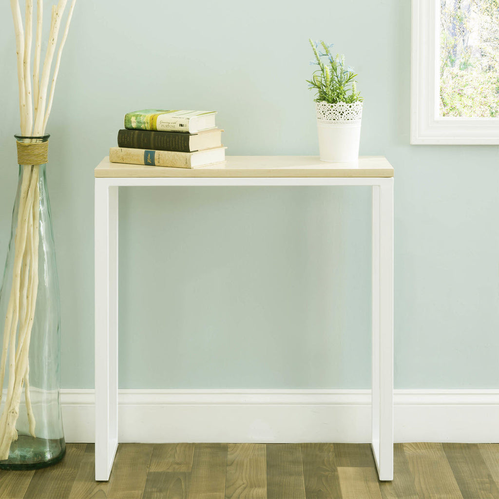 Ciocco Console Table - Modern Wood and White Steel Base (28" L x 10" Deep x 29" Tall)