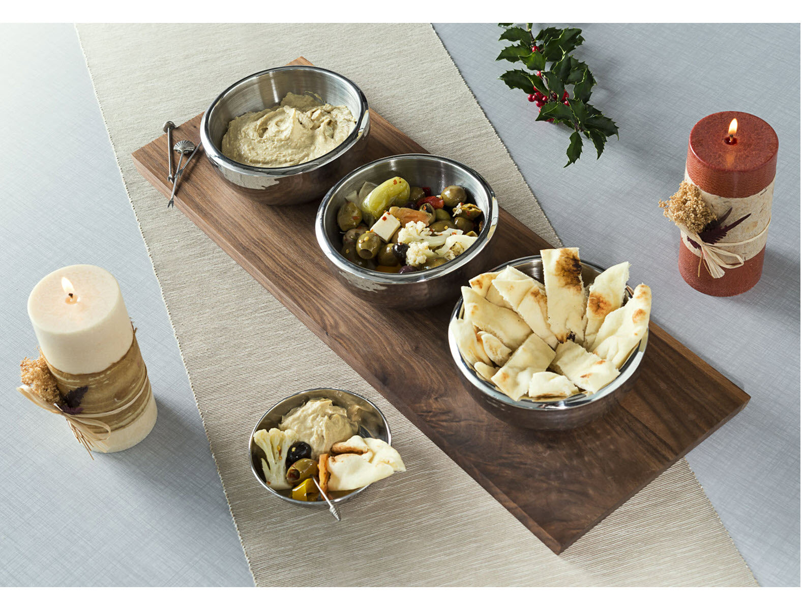 Ciocco Tray & Three Bowl Setting - Handcrafted Hardwood Tray w/ 3 Stainless Steel Bowls