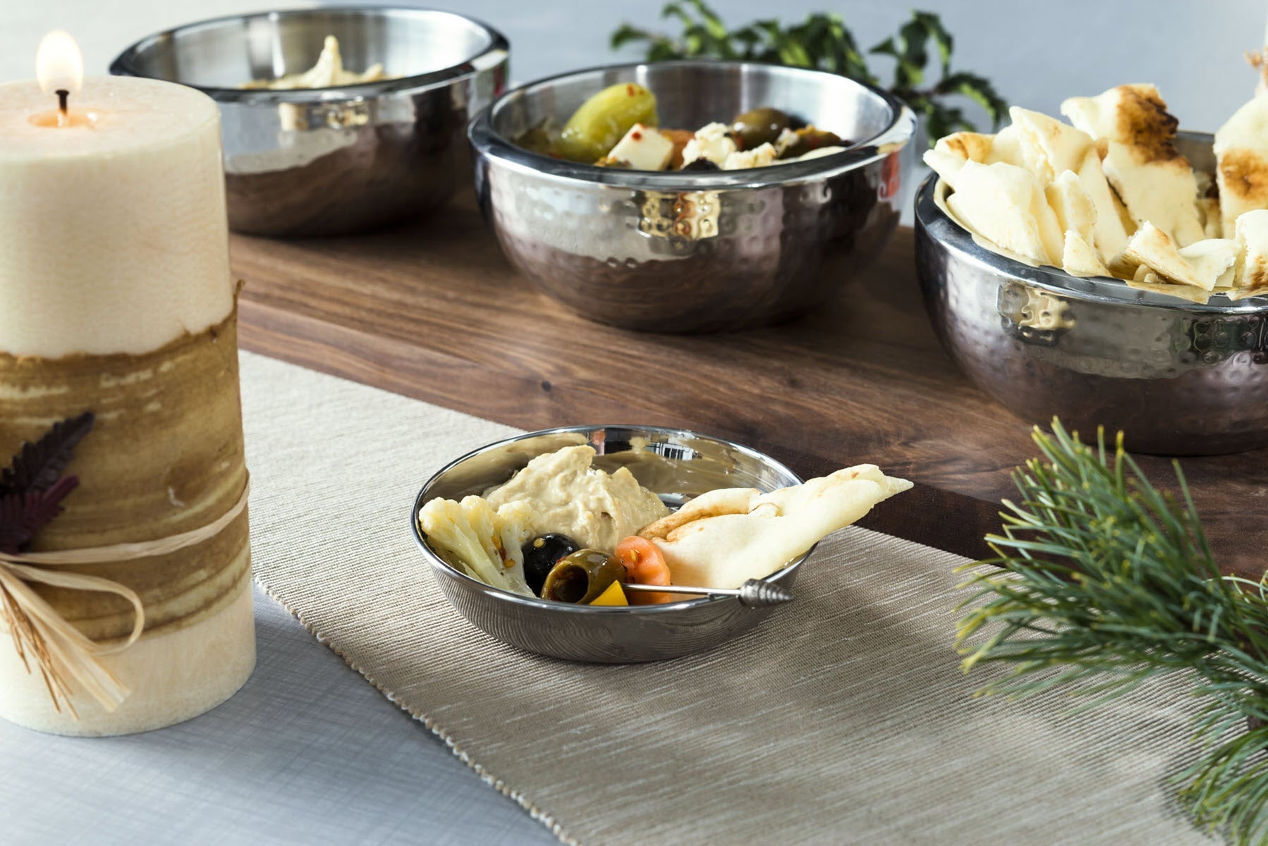Ciocco Tray & Three Bowl Setting - Handcrafted Hardwood Tray w/ 3 Stainless Steel Bowls