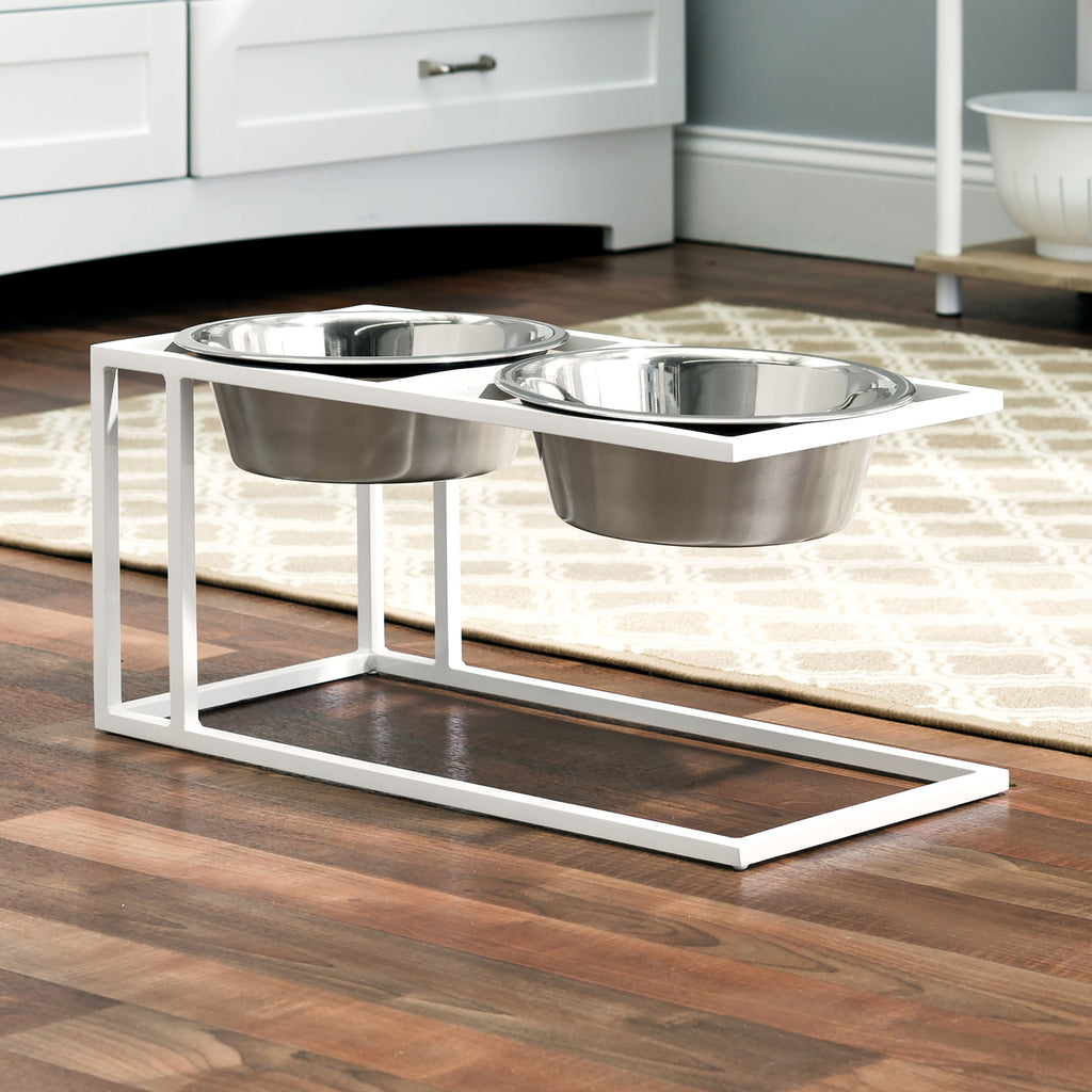 Cityline Double Diner - Outdoor / Indoor Modern Architectural Steel Elevated Dog Bowls w/ Stand (5.5" / 7" / 10" Tall)