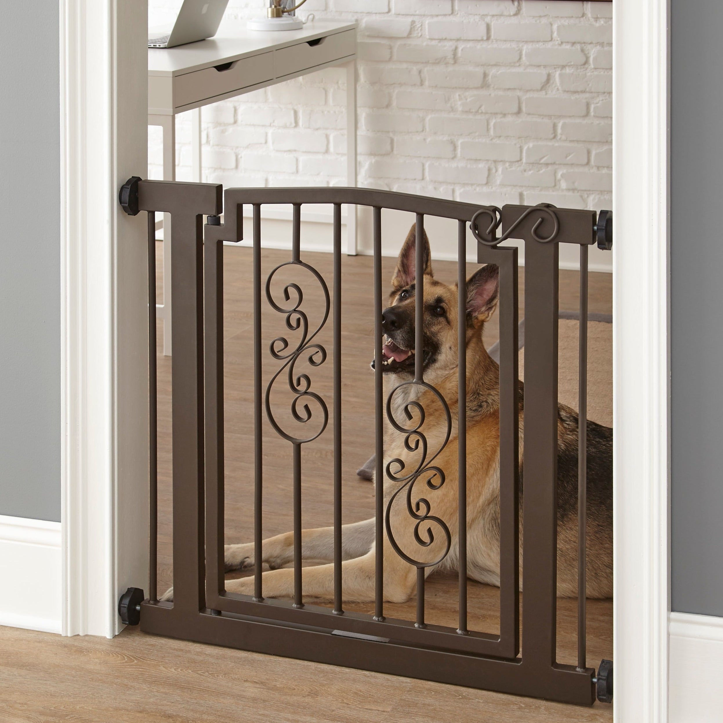 Noblesse Wrought Iron Dog Gate w/ Door (28.5" - 61.5" Extra Wide) Heavy Duty Ornamental Metal, 32" Tall - Indoor Easy Pressure Mounted (No Drill)