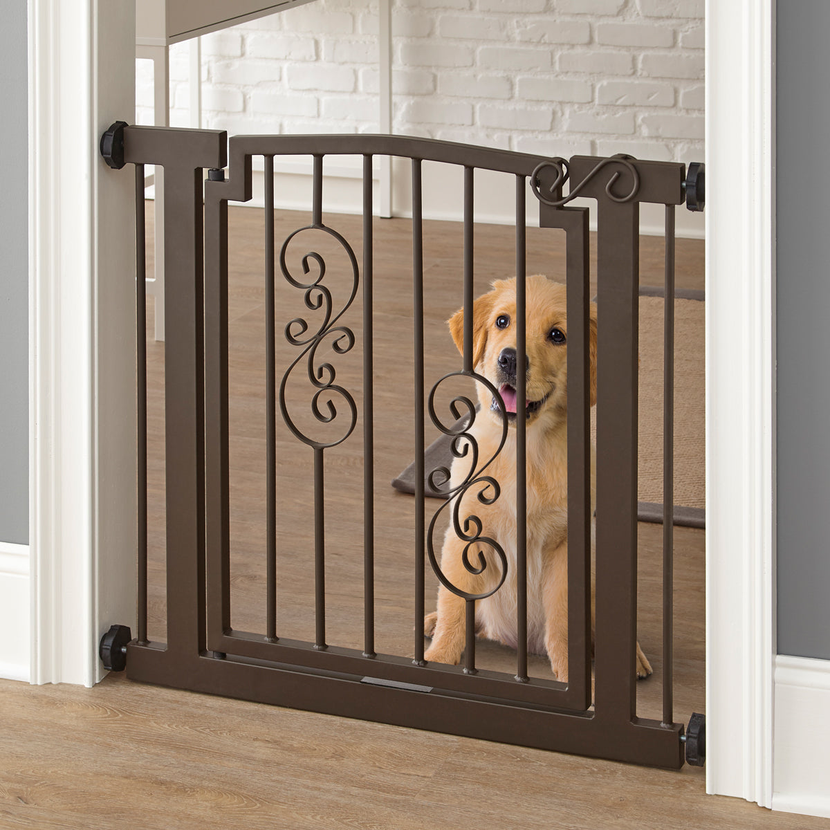Noblesse Wrought Iron Dog Gate w/ Door (28.5" - 61.5" Extra Wide) Heavy Duty Ornamental Metal, 32" Tall - Indoor Easy Pressure Mounted (No Drill)