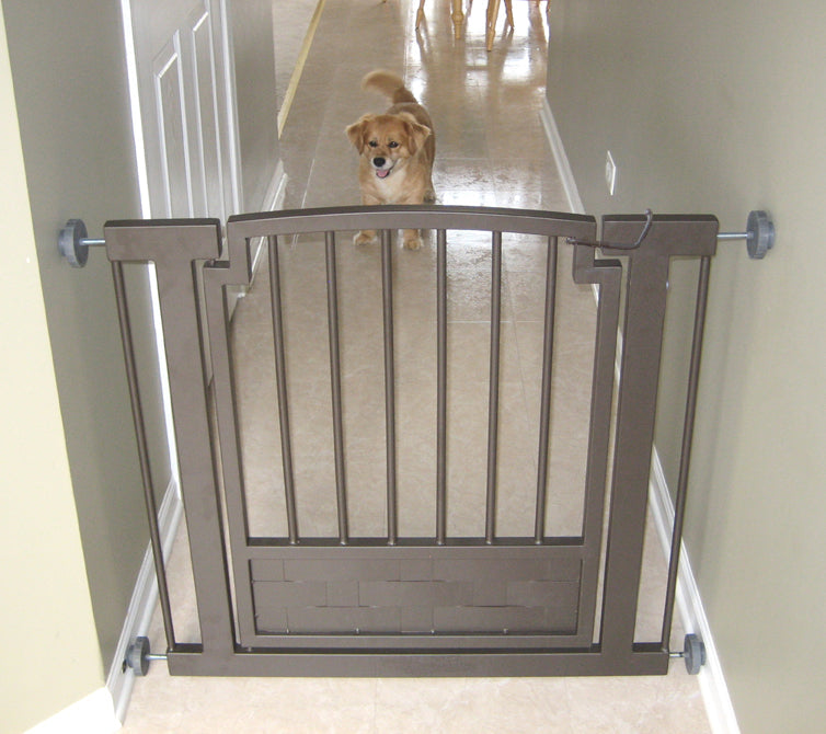 Royal Weave Steel Dog Gate w/ Door (28.5" - 61.5" Extra Wide) Heavy Duty Black Wrought Iron, Indoor Easy Pressure Mounted (No Drill)