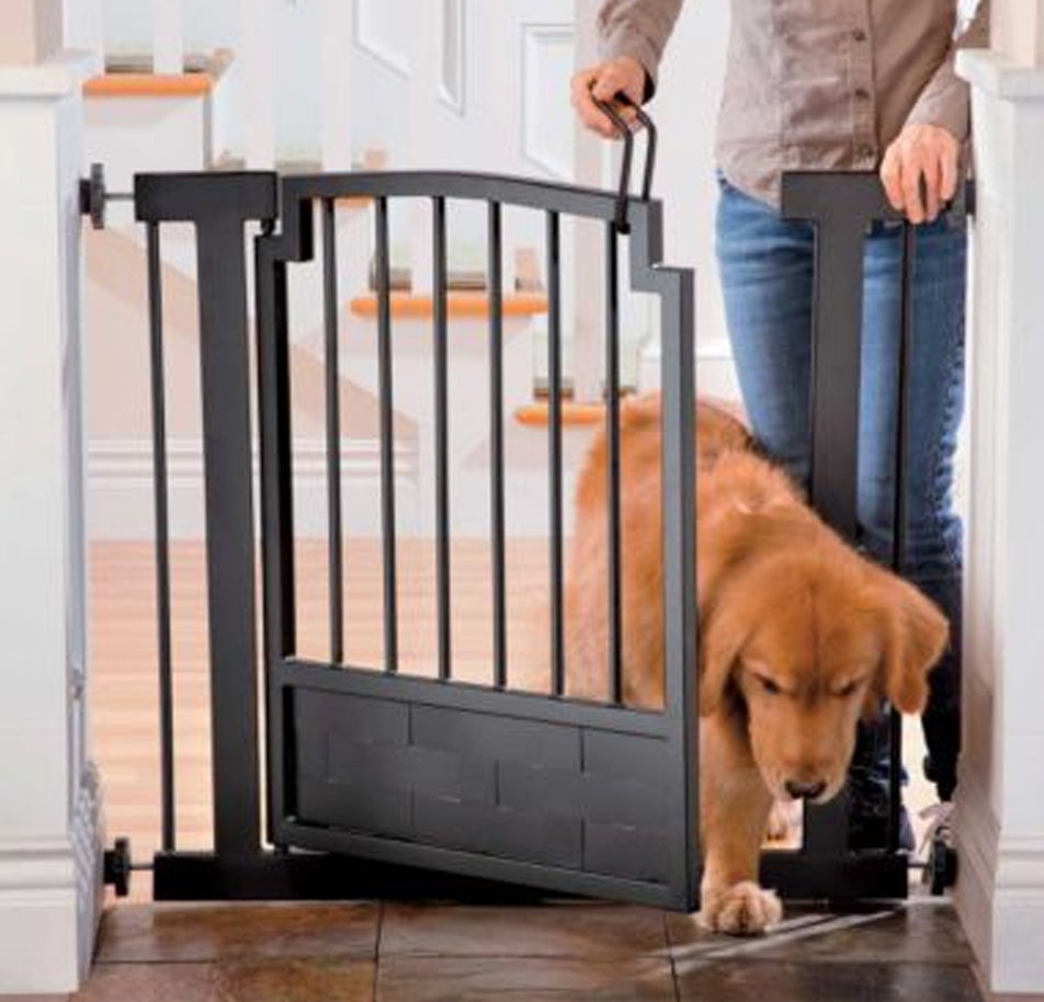 Royal Weave Steel Dog Gate w/ Door (28.5" - 61.5" Extra Wide) Heavy Duty Black Wrought Iron, Indoor Easy Pressure Mounted (No Drill)